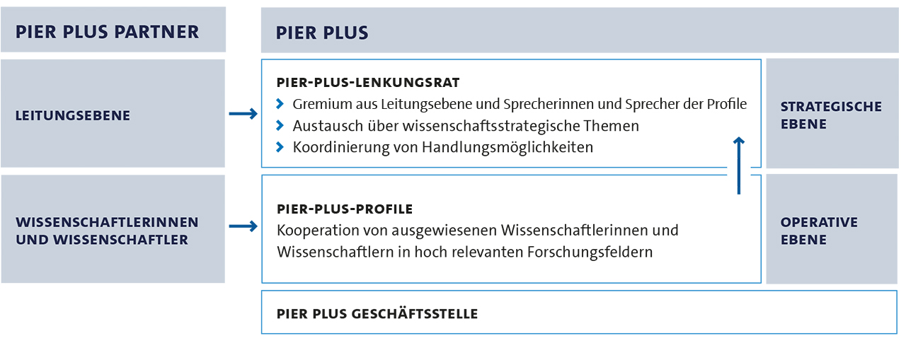 Die dreispaltige Tabelle zeigt die Struktur und den Aufbau von PIER PLUS. Erläutert werden die Beziehungen zwischen PIER-PLUS-Leitungsebene und dem PIER-PLUS-Lenkungsrat sowie die Aufgabenbereiche der PIER-PLUS-Profile.