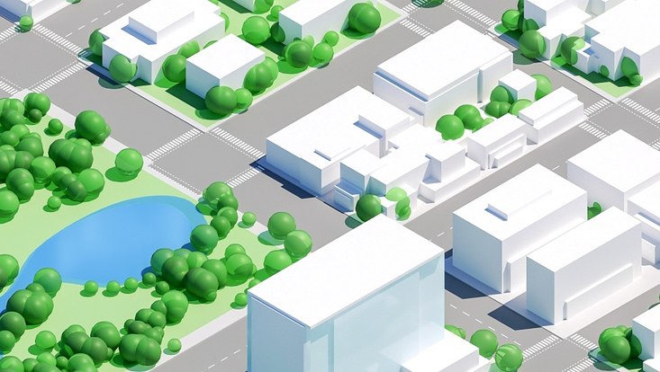 3D Modell von Gebäuden, Straßen und Grünflächen