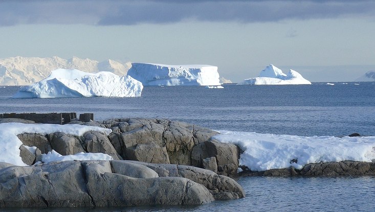 Aufnahme einer Steinküste mit Eisschollen im Meer