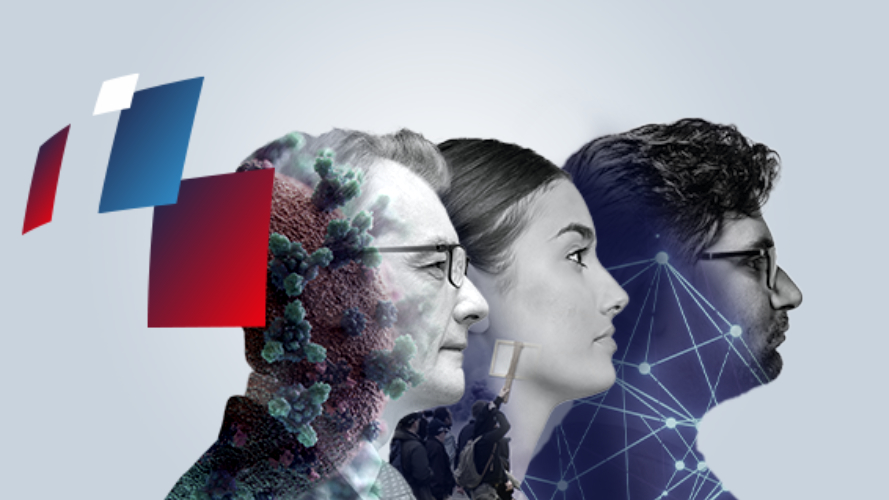 profile-koepfe-889x500 Die Bildmitte füllen drei Köpfe aus, jeweils im seitlichen Profil. Sie überlappen sich gegenseitig und werden von Spiegelungen überlagert (von einer Stadt, einem rot-grünen Virus, Wasser etc.). Daneben Quadrate: zwei rote, ein blaues, ein weißes.