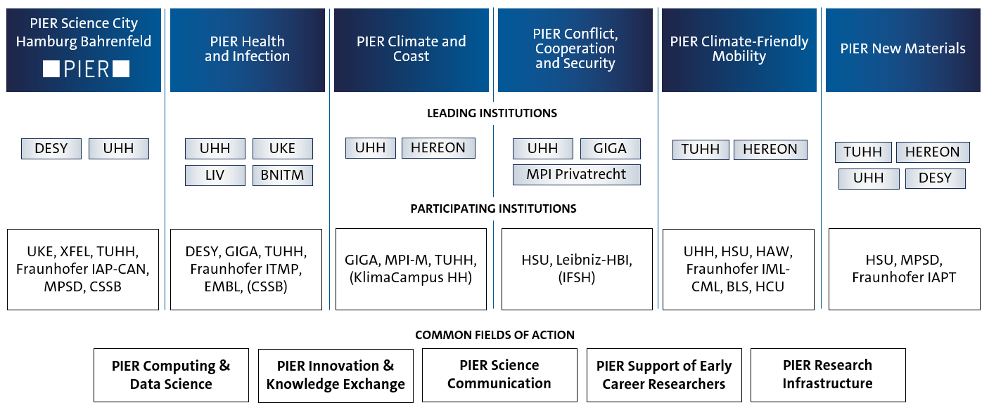 With the help of a table, the structure of PIER PLUS is explained. It explains which profiles exist, which lead institutions belong to each of them and which institutions are involved.